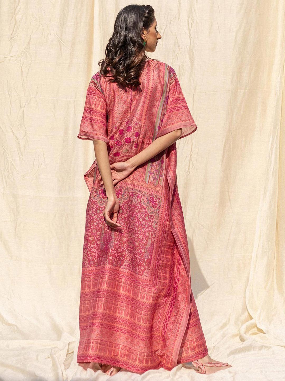 Pink Casual Wear Floral Digtial Printed Silk Kaftan Kurti - Image 4
