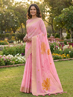 Refreshing Pink Linen Cotton Saree Highlighted With Delicate Floral Weaving & Tassel Pallu - Image 1