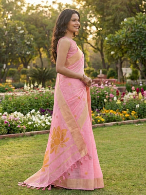 Refreshing Pink Linen Cotton Saree Highlighted With Delicate Floral Weaving & Tassel Pallu - Image 2