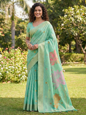 Refreshing Turquoise Linen Cotton Saree Highlighted With Delicate Floral Weaving & Tassel Pallu - Image 1