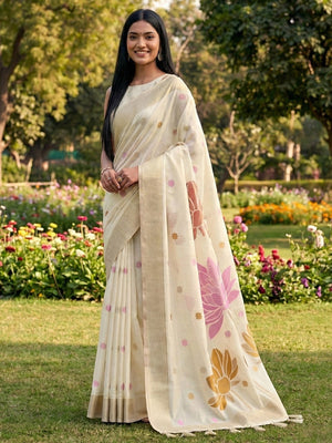Refreshing Offwhite Linen Cotton Saree Highlighted With Delicate Floral Weaving & Tassel Pallu - Image 1