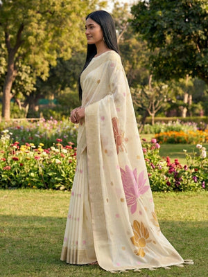 Refreshing Offwhite Linen Cotton Saree Highlighted With Delicate Floral Weaving & Tassel Pallu - Image 2