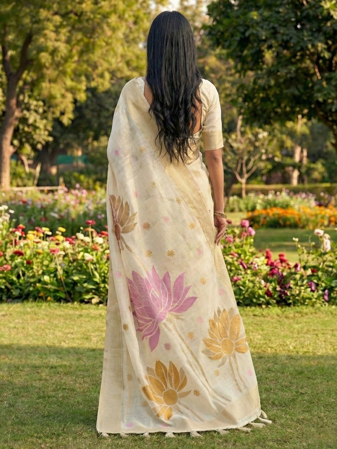 Refreshing Offwhite Linen Cotton Saree Highlighted With Delicate Floral Weaving & Tassel Pallu - Image 3