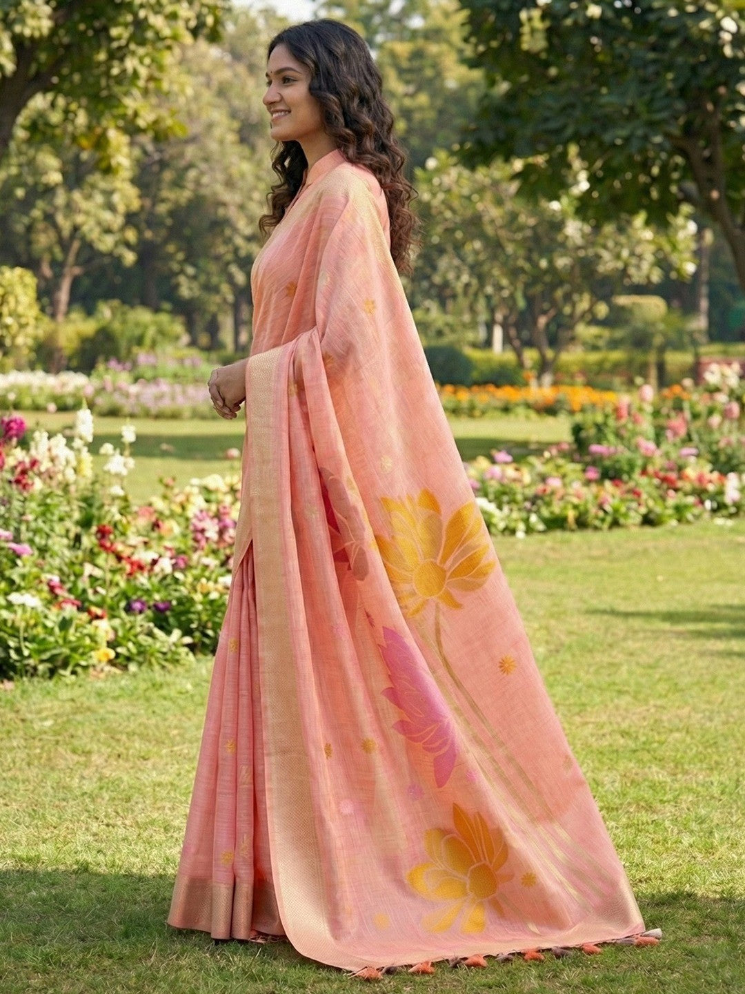 Refreshing Peach Linen Cotton Saree Highlighted With Delicate Floral Weaving & Tassel Pallu - Image 2