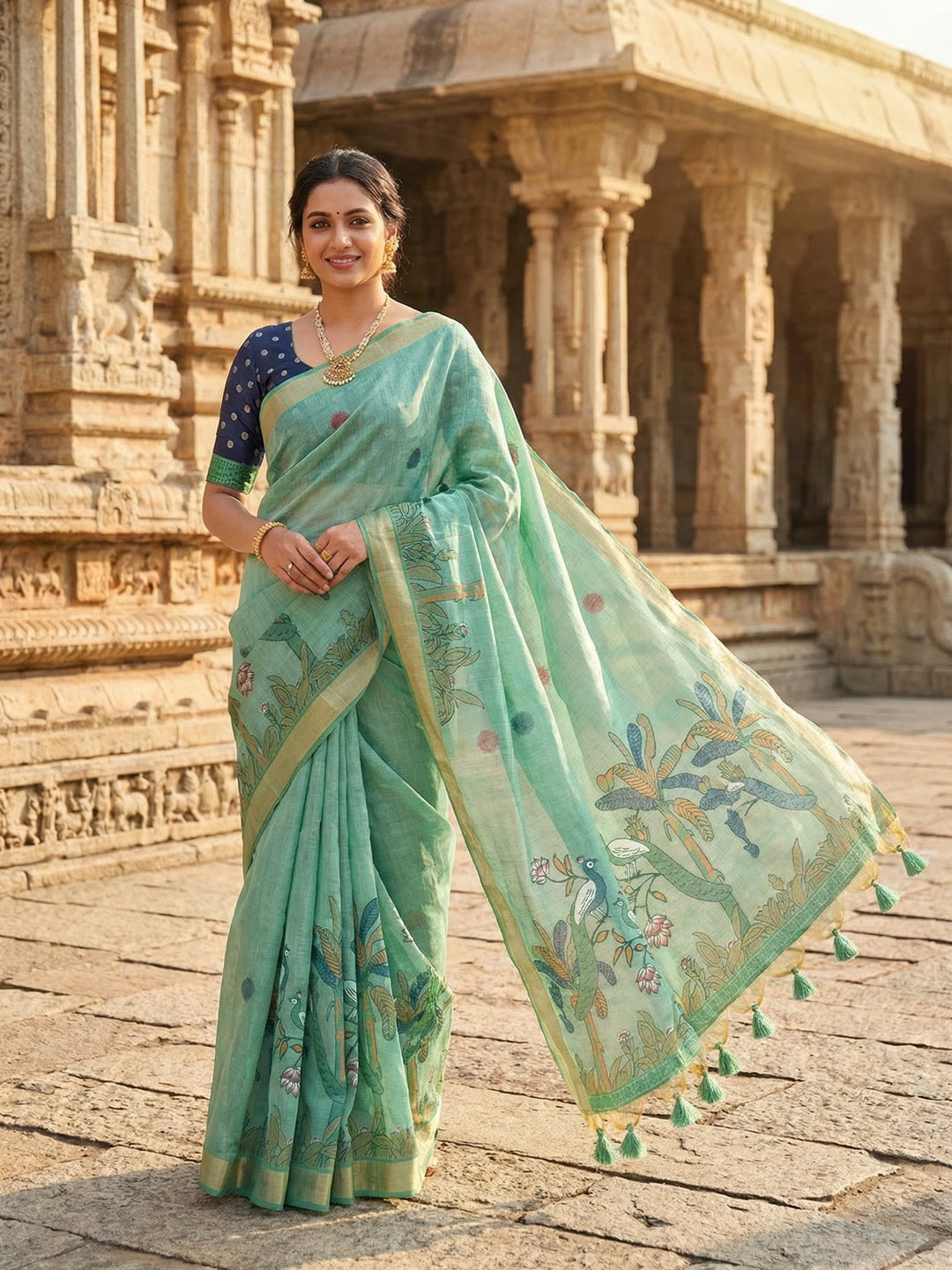Mint Green Soft Cotton Silk Saree Featuring Delicate Floral Weaving - Image 1