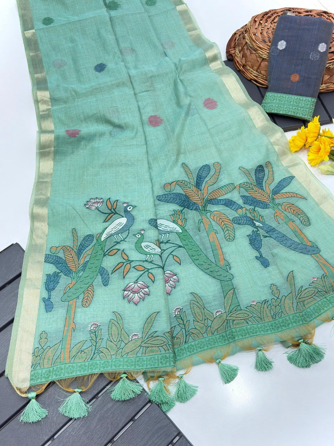 Mint Green Soft Cotton Silk Saree Featuring Delicate Floral Weaving - Image 2
