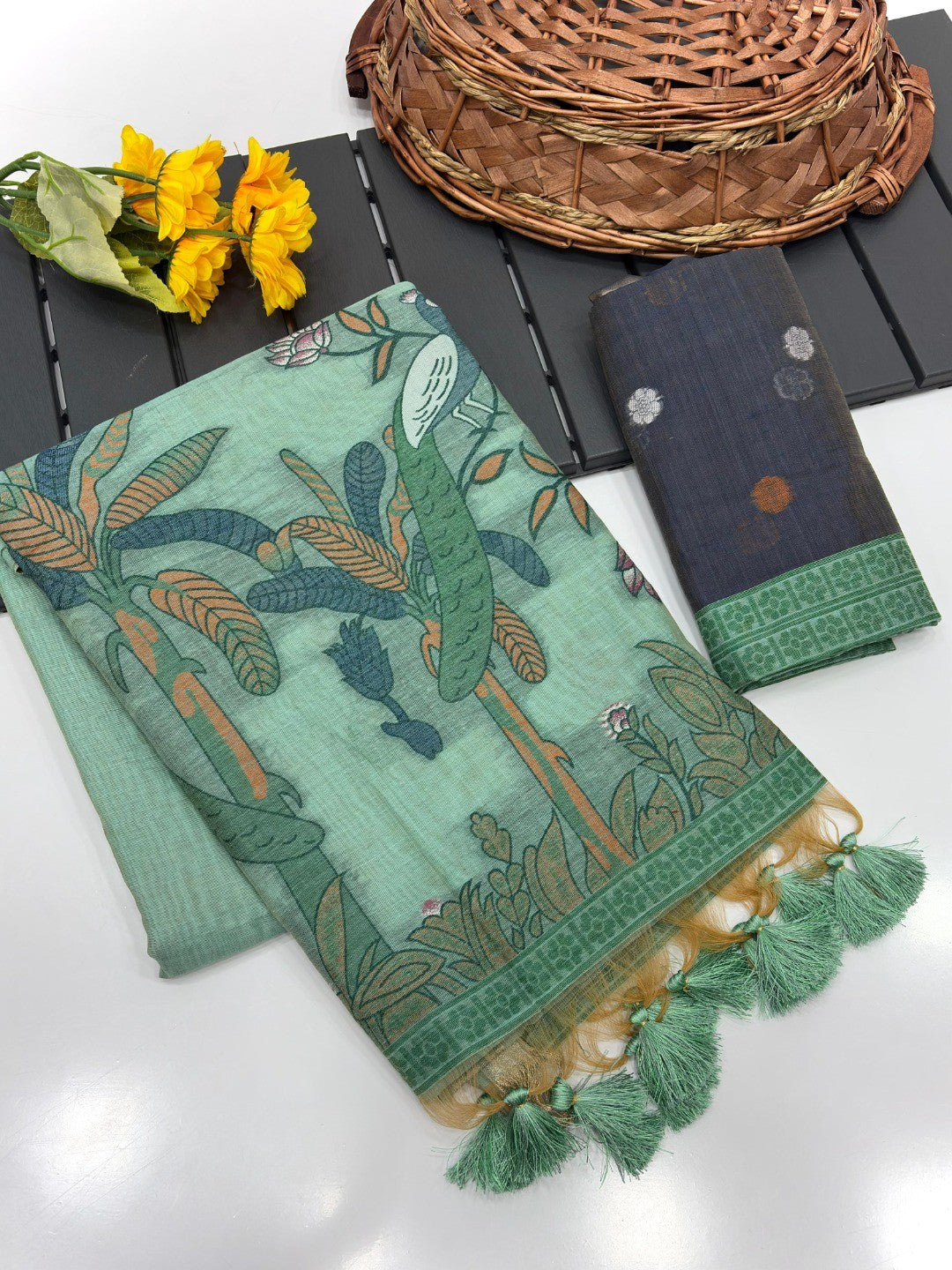 Mint Green Soft Cotton Silk Saree Featuring Delicate Floral Weaving - Image 3
