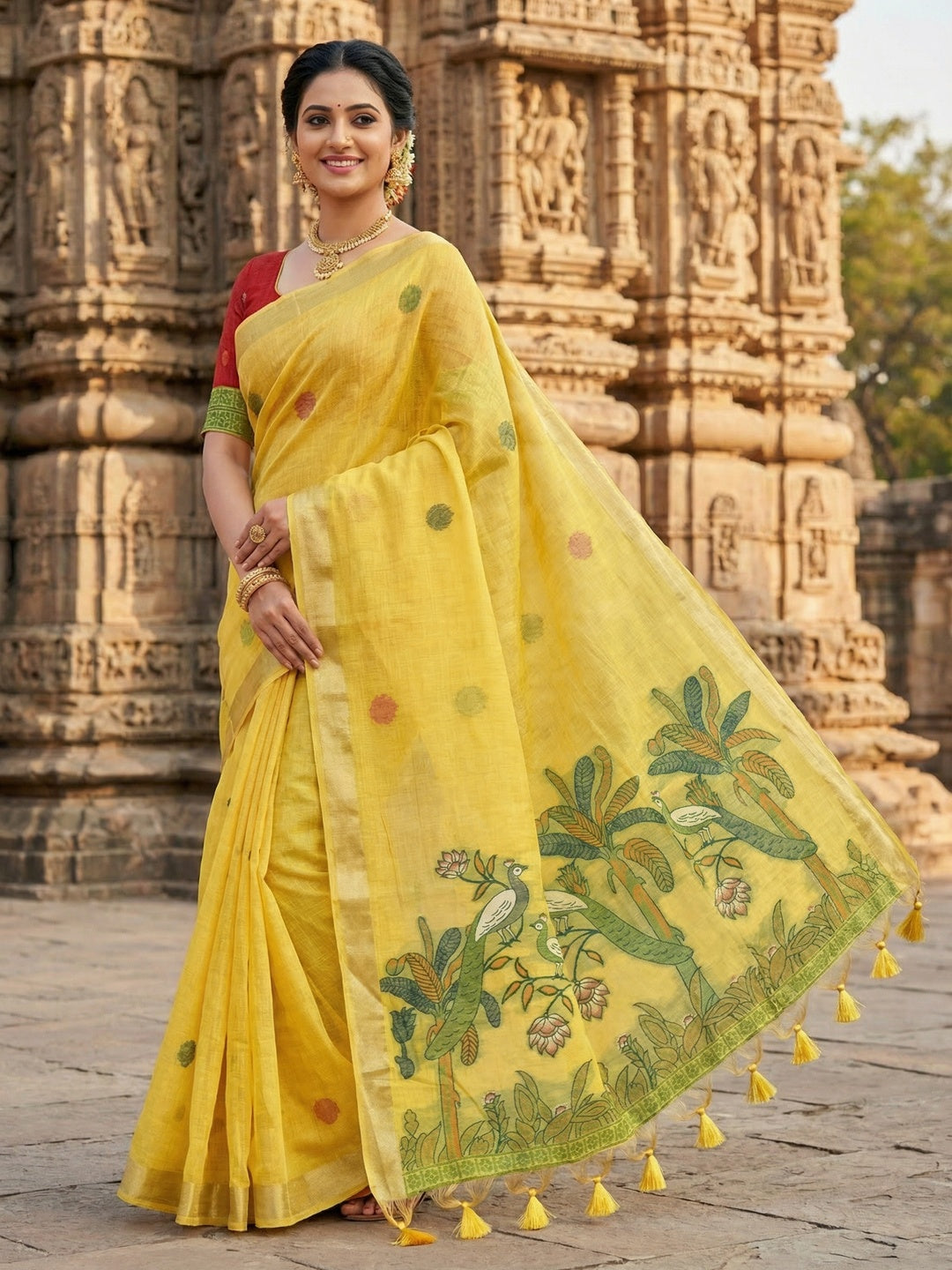 Yellow Soft Cotton Silk Saree Featuring Delicate Floral Weaving - Image 1