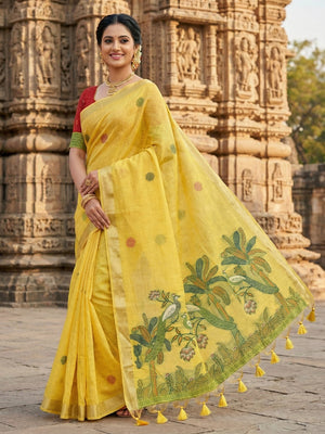 Yellow Soft Cotton Silk Saree Featuring Delicate Floral Weaving - Image 1