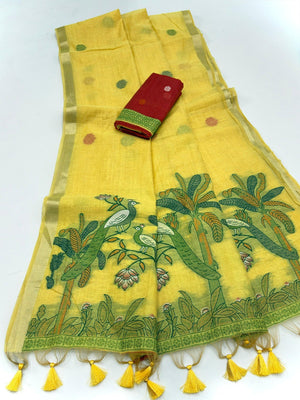 Yellow Soft Cotton Silk Saree Featuring Delicate Floral Weaving - Image 2