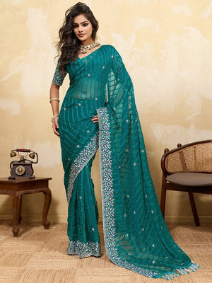 Elegant Teal Chiffon Saree Adorned With Floral Embroidery & Shimmering Swarovski Work - Image 1