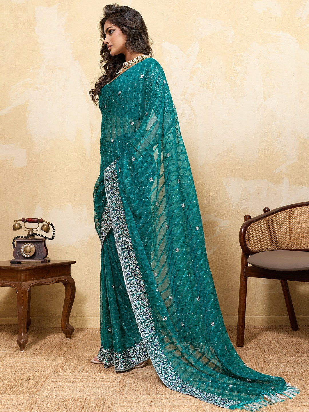 Elegant Teal Chiffon Saree Adorned With Floral Embroidery & Shimmering Swarovski Work - Image 5