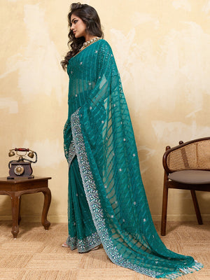 Elegant Teal Chiffon Saree Adorned With Floral Embroidery & Shimmering Swarovski Work - Image 2