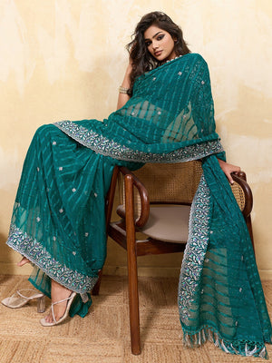 Elegant Teal Chiffon Saree Adorned With Floral Embroidery & Shimmering Swarovski Work - Image 2