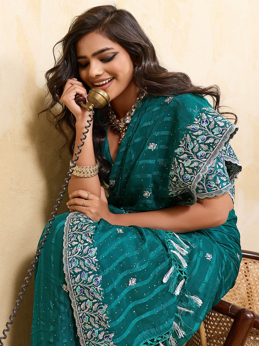 Elegant Teal Chiffon Saree Adorned With Floral Embroidery & Shimmering Swarovski Work - Image 4