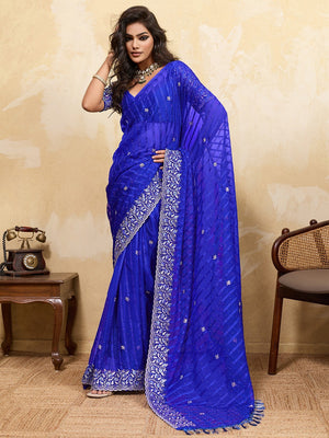 Elegant Royal Blue Chiffon Saree Adorned With Floral Embroidery & Shimmering Swarovski Work - Image 1