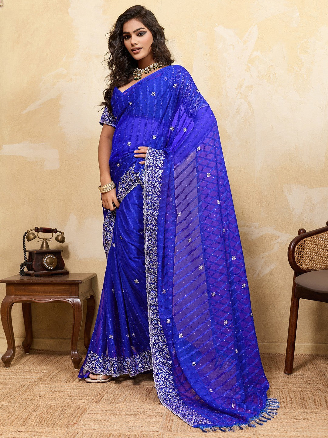 Elegant Royal Blue Chiffon Saree Adorned With Floral Embroidery & Shimmering Swarovski Work - Image 2