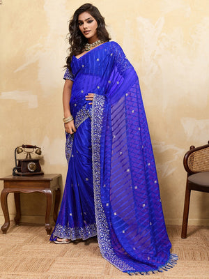 Elegant Royal Blue Chiffon Saree Adorned With Floral Embroidery & Shimmering Swarovski Work - Image 2