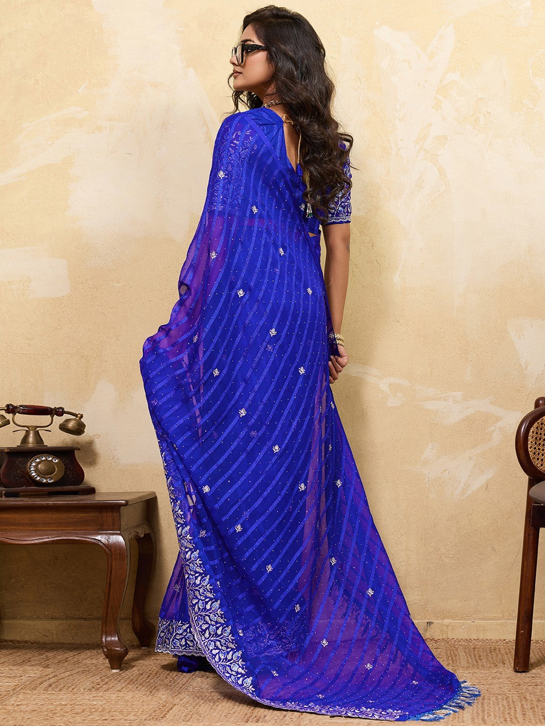 Elegant Royal Blue Chiffon Saree Adorned With Floral Embroidery & Shimmering Swarovski Work - Image 4