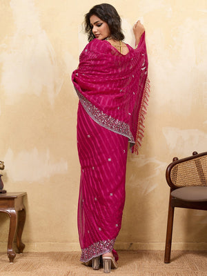 Elegant Pink Chiffon Saree Adorned With Floral Embroidery & Shimmering Swarovski Work - Image 2