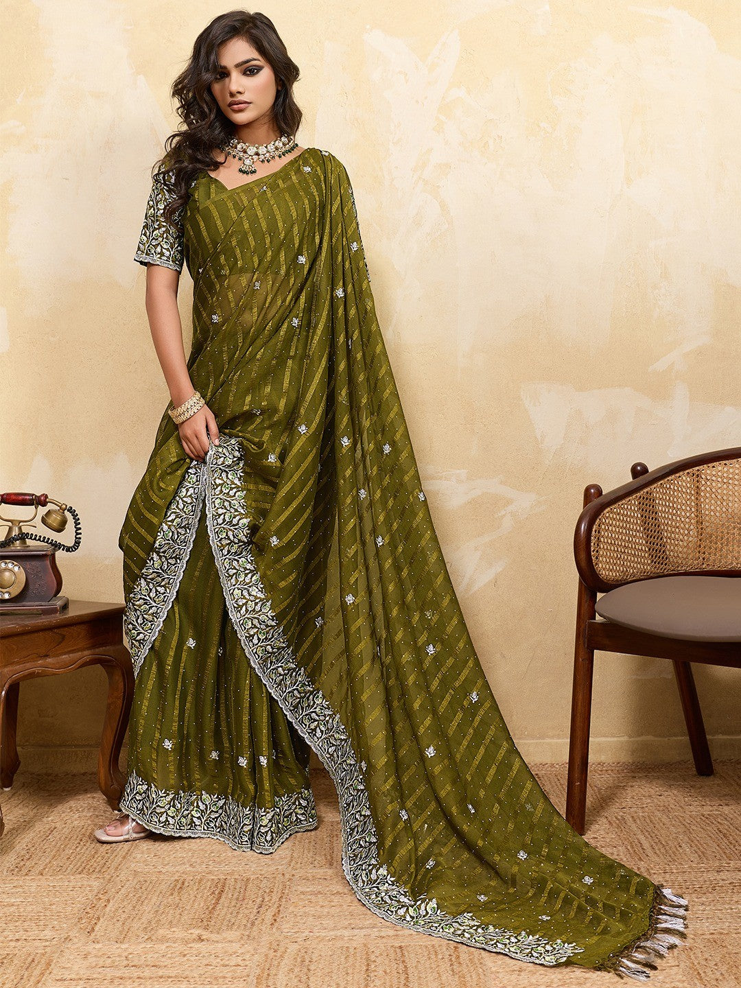 Elegant Mehendi Green Chiffon Saree Adorned With Floral Embroidery & Shimmering Swarovski Work - Image 1