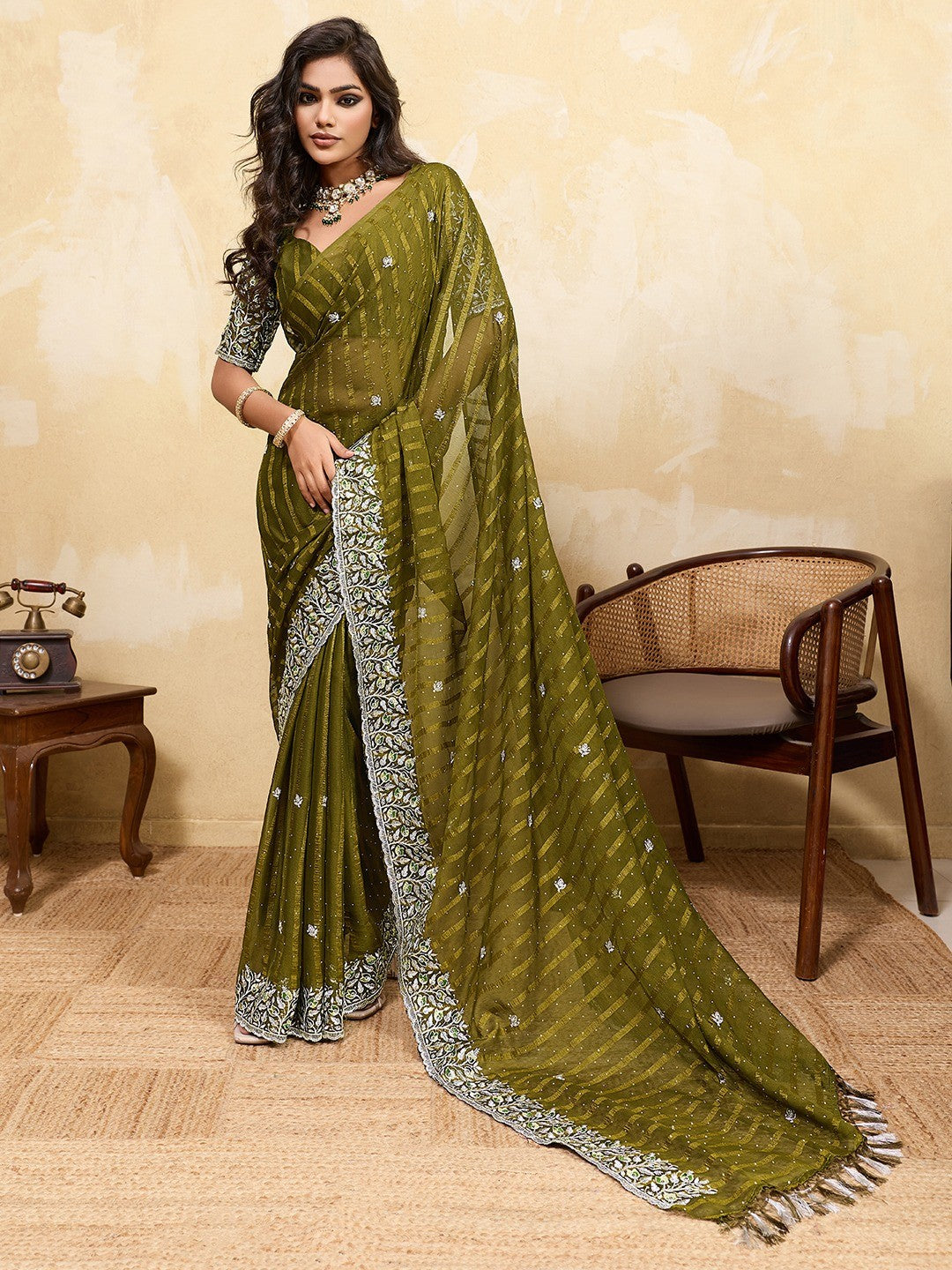 Elegant Mehendi Green Chiffon Saree Adorned With Floral Embroidery & Shimmering Swarovski Work - Image 3