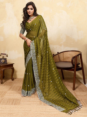 Elegant Mehendi Green Chiffon Saree Adorned With Floral Embroidery & Shimmering Swarovski Work - Image 2