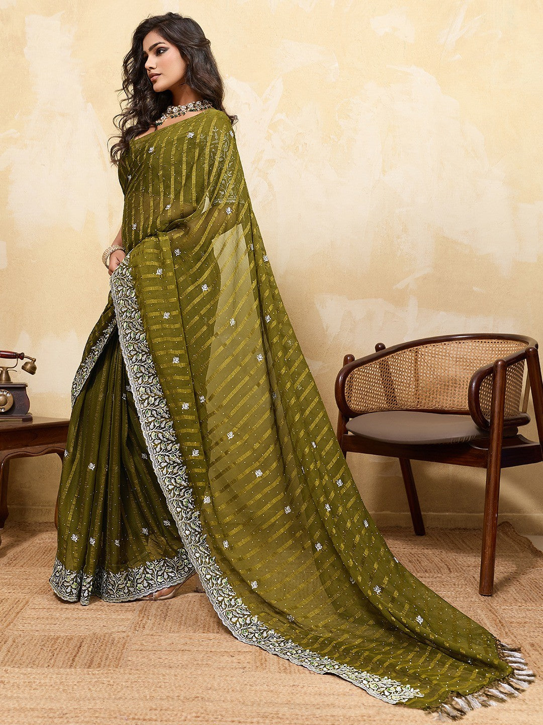 Elegant Mehendi Green Chiffon Saree Adorned With Floral Embroidery & Shimmering Swarovski Work - Image 3