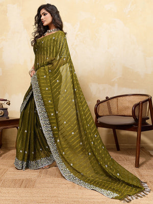 Elegant Mehendi Green Chiffon Saree Adorned With Floral Embroidery & Shimmering Swarovski Work - Image 2
