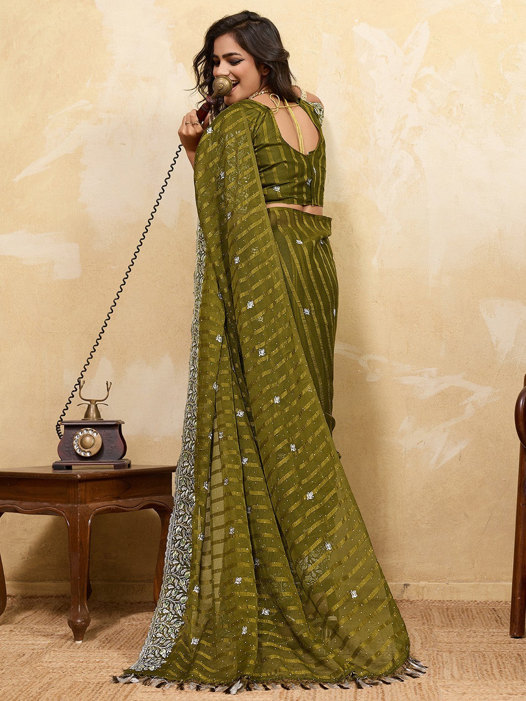 Elegant Mehendi Green Chiffon Saree Adorned With Floral Embroidery & Shimmering Swarovski Work - Image 4