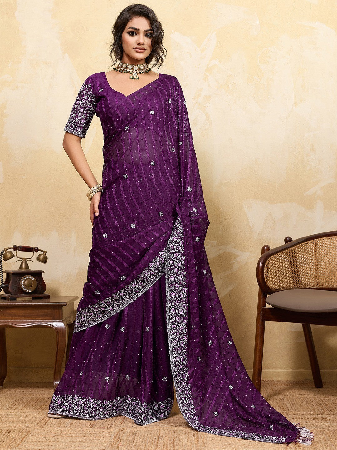 Elegant Wine Chiffon Saree Adorned With Floral Embroidery & Shimmering Swarovski Work - Image 1