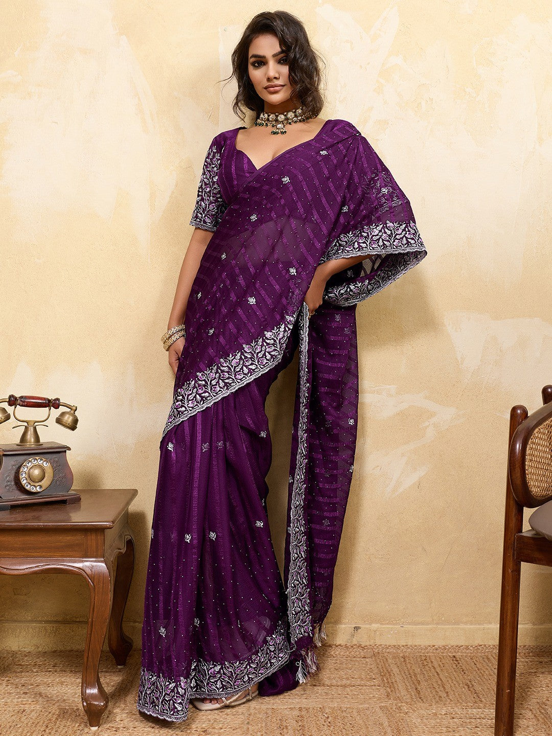 Elegant Wine Chiffon Saree Adorned With Floral Embroidery & Shimmering Swarovski Work - Image 2