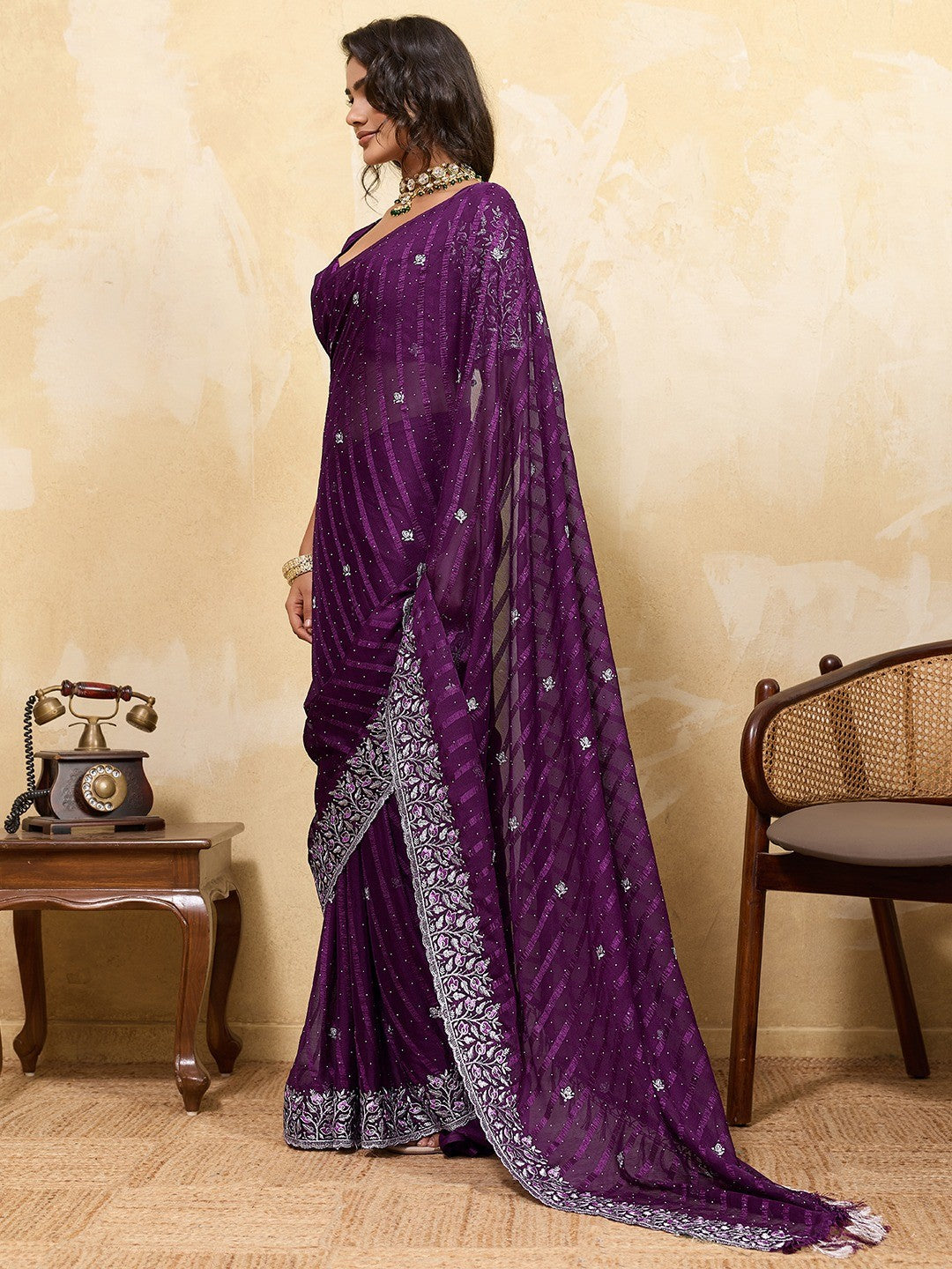Elegant Wine Chiffon Saree Adorned With Floral Embroidery & Shimmering Swarovski Work - Image 3
