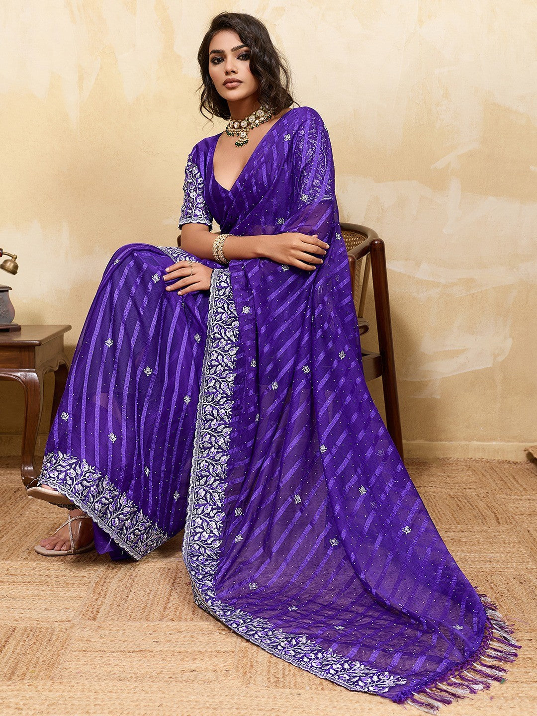 Elegant Purple Chiffon Saree Adorned With Floral Embroidery & Shimmering Swarovski Work - Image 3