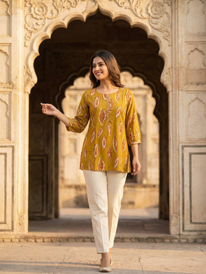 Mustard Rayon Top with Abstract Print with Smooth Texture and Relaxed Modern Styling - Image 1