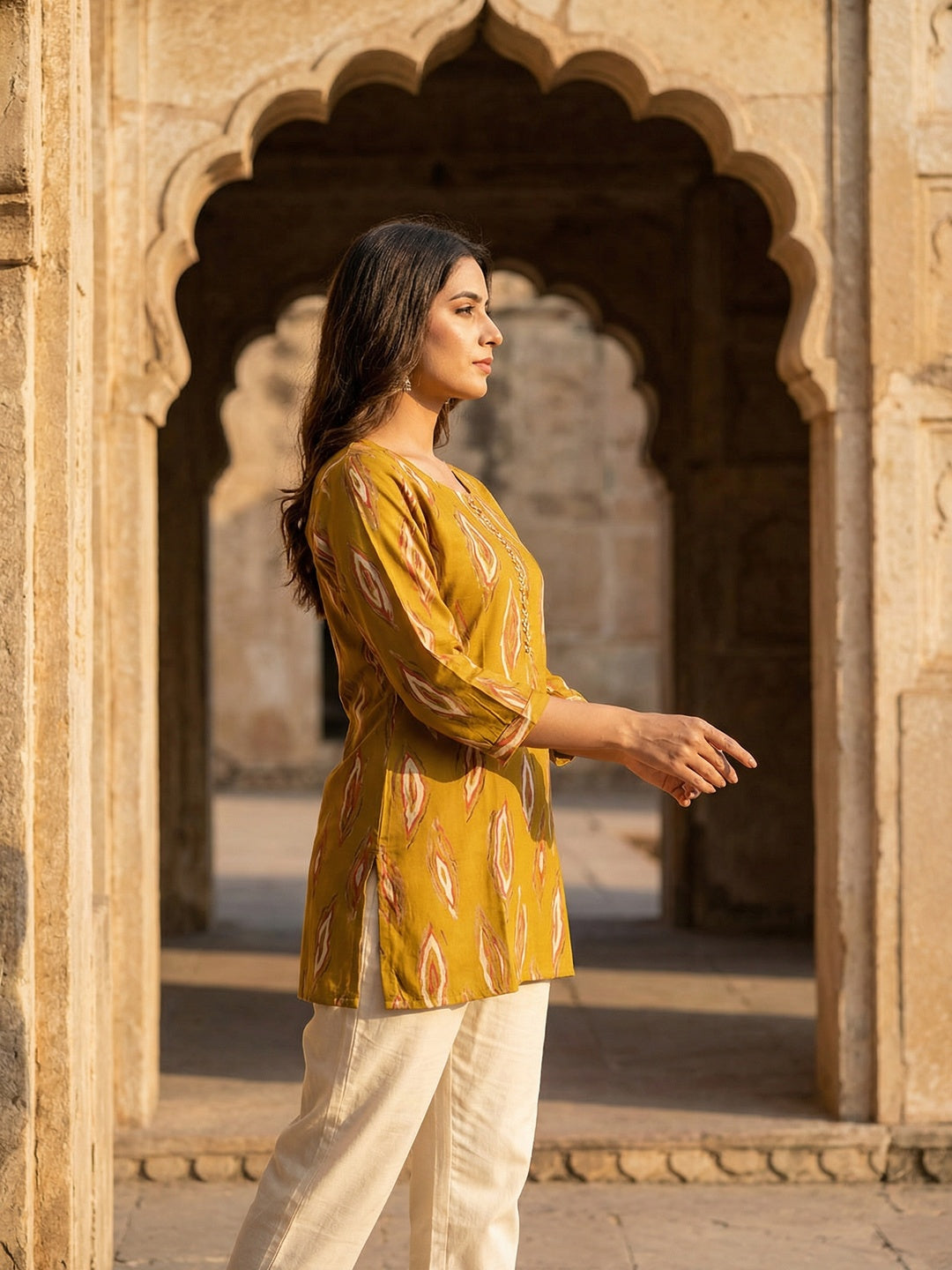 Mustard Rayon Top with Abstract Print with Smooth Texture and Relaxed Modern Styling - Image 4