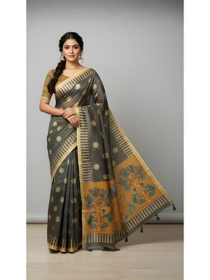 Elegant Grey Tussar Silk Saree Featuring Zari Checks Weaving With Bird & Animal Printed Pallu - Image 1