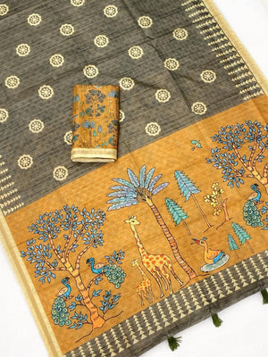 Elegant Grey Tussar Silk Saree Featuring Zari Checks Weaving With Bird & Animal Printed Pallu - Image 2