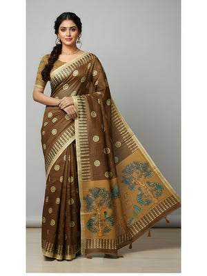 Elegant Brown Tussar Silk Saree Featuring Zari Checks Weaving With Bird & Animal Printed Pallu - Image 1