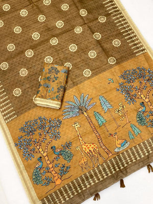 Elegant Brown Tussar Silk Saree Featuring Zari Checks Weaving With Bird & Animal Printed Pallu - Image 2