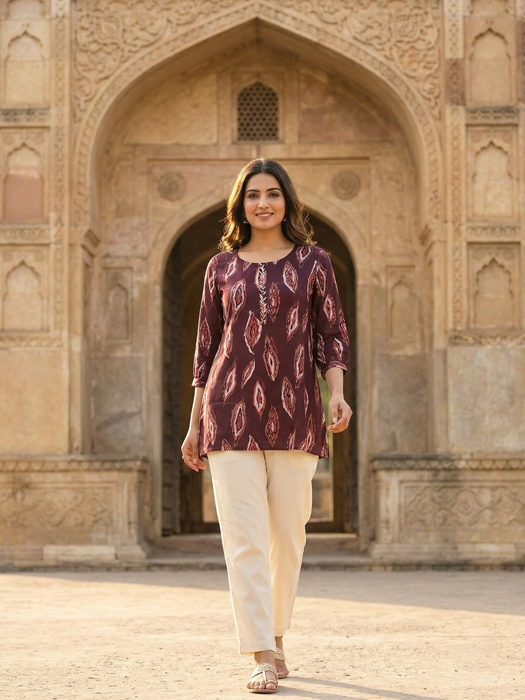 Wine Rayon Top with Abstract Print with Smooth Texture and Relaxed Modern Styling - Image 2