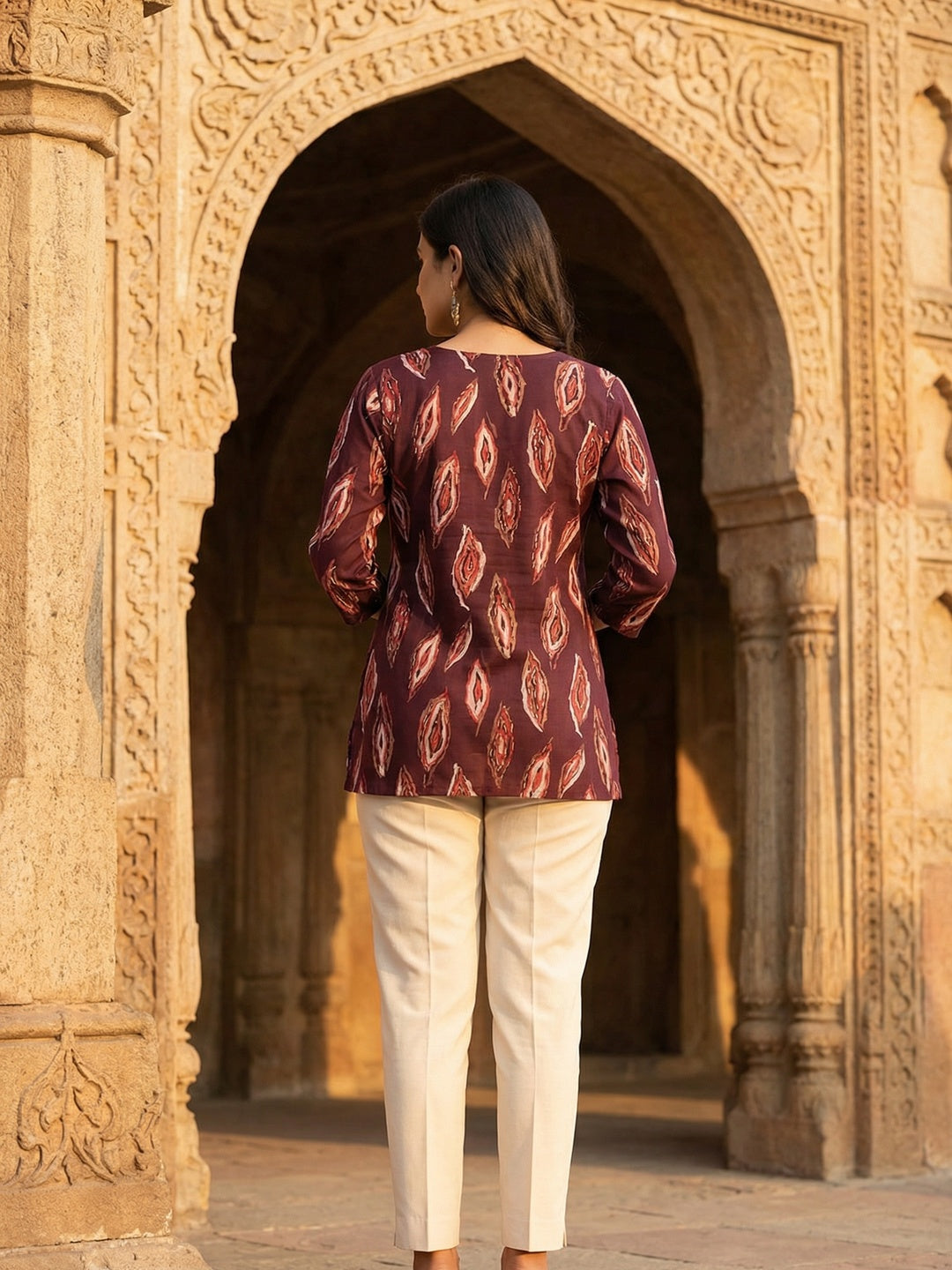 Wine Rayon Top with Abstract Print with Smooth Texture and Relaxed Modern Styling - Image 3