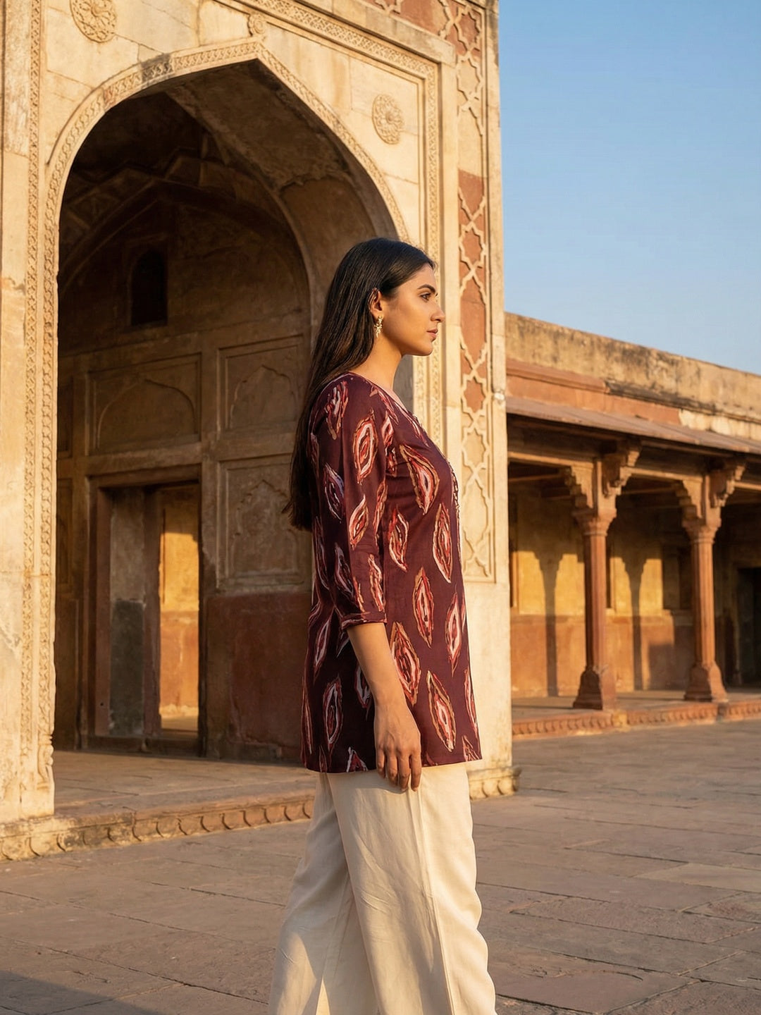 Wine Rayon Top with Abstract Print with Smooth Texture and Relaxed Modern Styling - Image 4