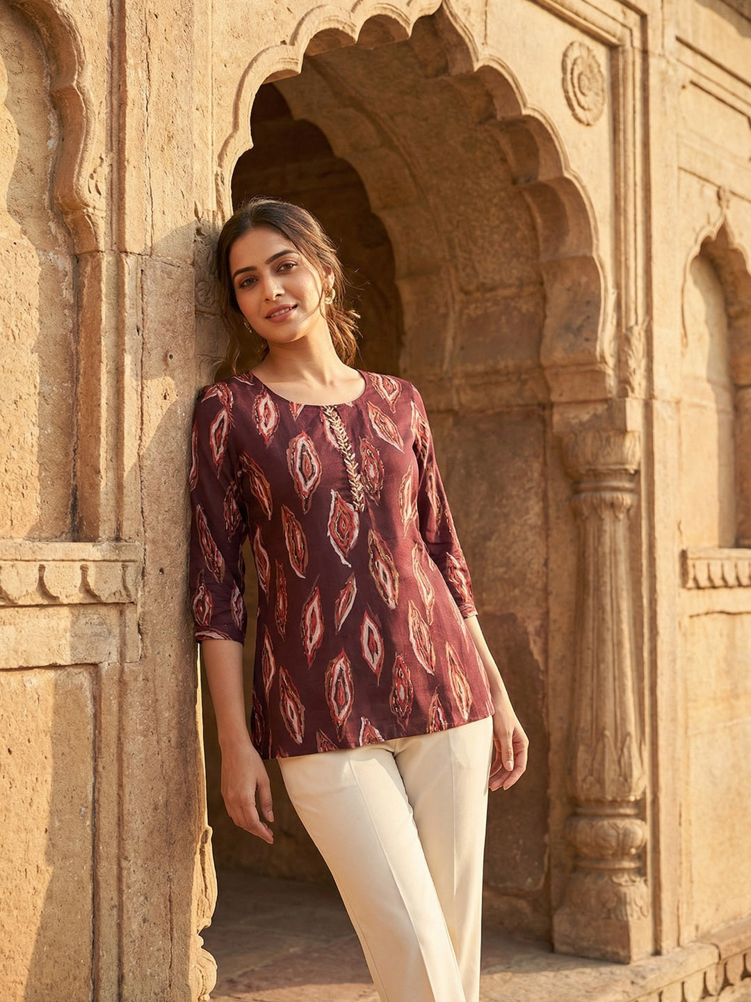 Wine Rayon Top with Abstract Print with Smooth Texture and Relaxed Modern Styling - Image 3