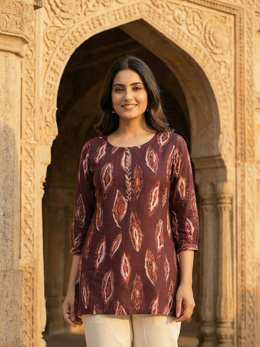 Wine Rayon Top with Abstract Print with Smooth Texture and Relaxed Modern Styling - Image 1