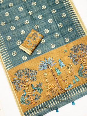 Elegant Rama Blue Tussar Silk Saree Featuring Zari Checks Weaving With Bird & Animal Printed Pallu - Image 2