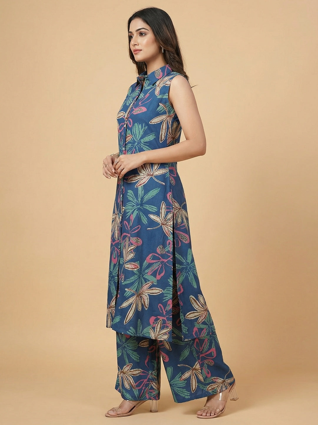 Elegant Blue Floral Printed Rayon A-Line Top Bottom Set - Image 4
