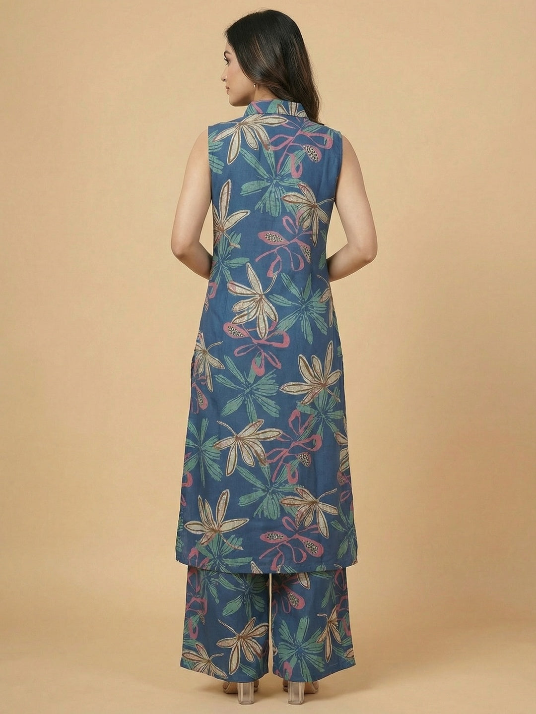 Elegant Blue Floral Printed Rayon A-Line Top Bottom Set - Image 3