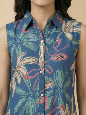 Elegant Blue Floral Printed Rayon A-Line Top Bottom Set - Image 2