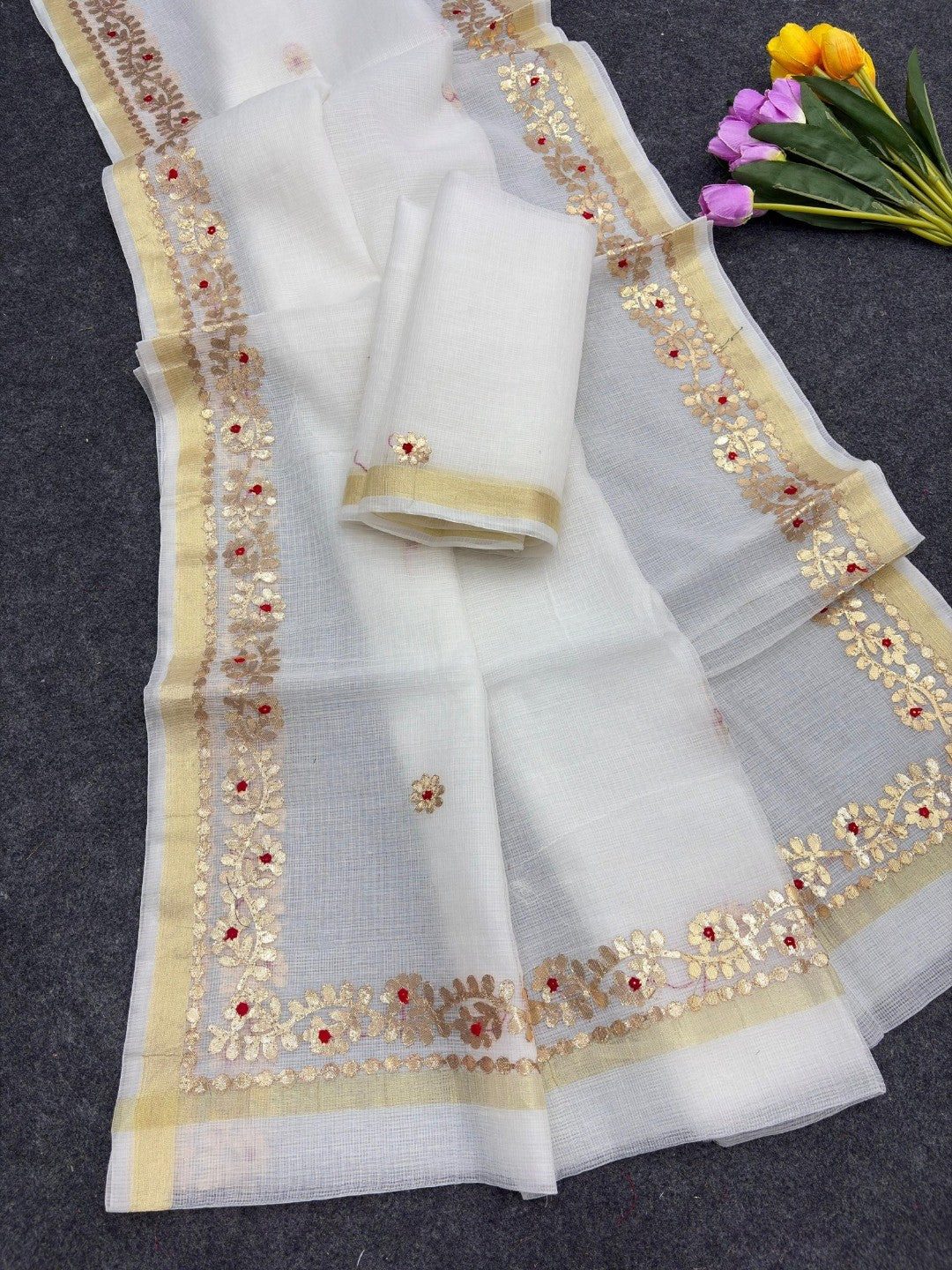Graceful White Kota Doria Saree Adorned With Delicate Floral Gota Patti & Zari Weaving Border - Image 3